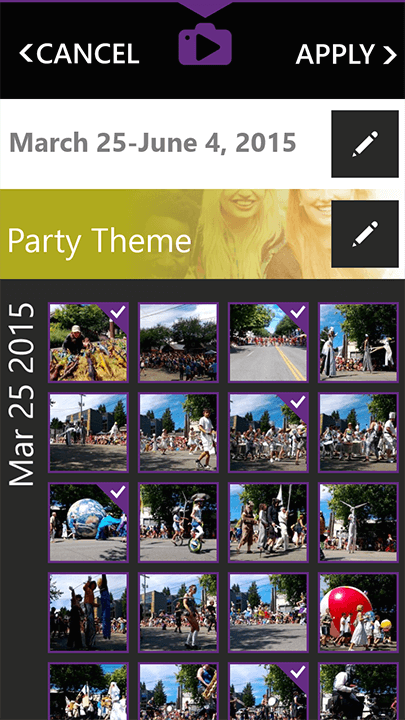 A Photo Story summary screenshot with date and theme editing options and a grid displaying included photos