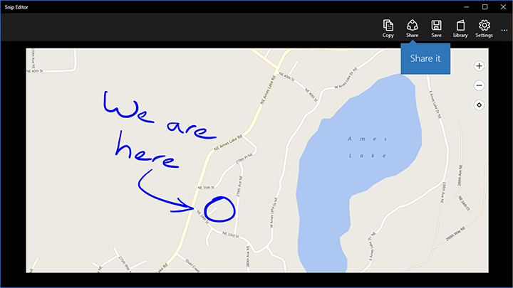 Screenshot of annotated map snippet with the Share option selected