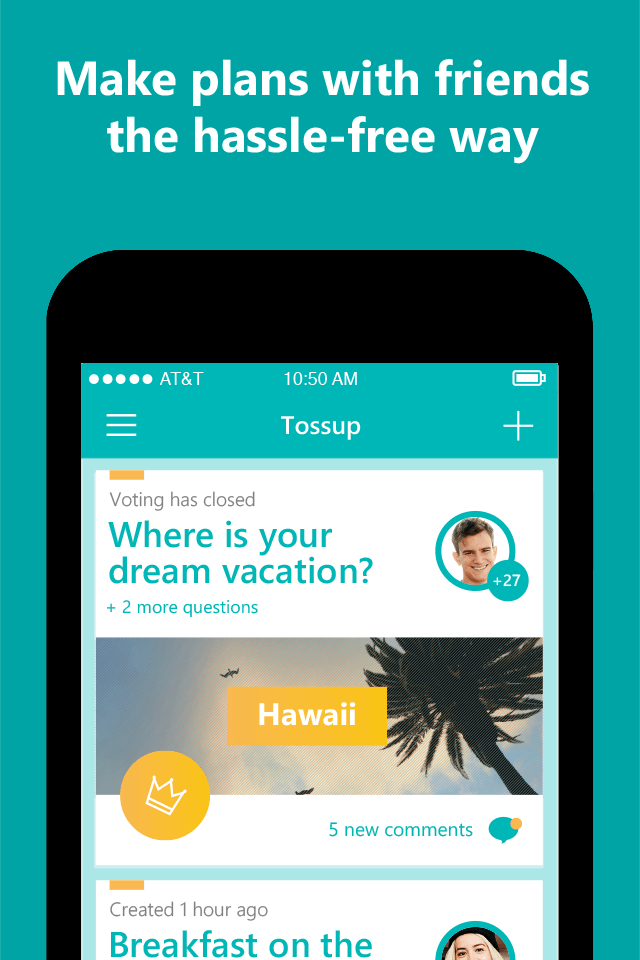 Screenshot of the Tossup app with text: Make plans with friends the hassle-free way