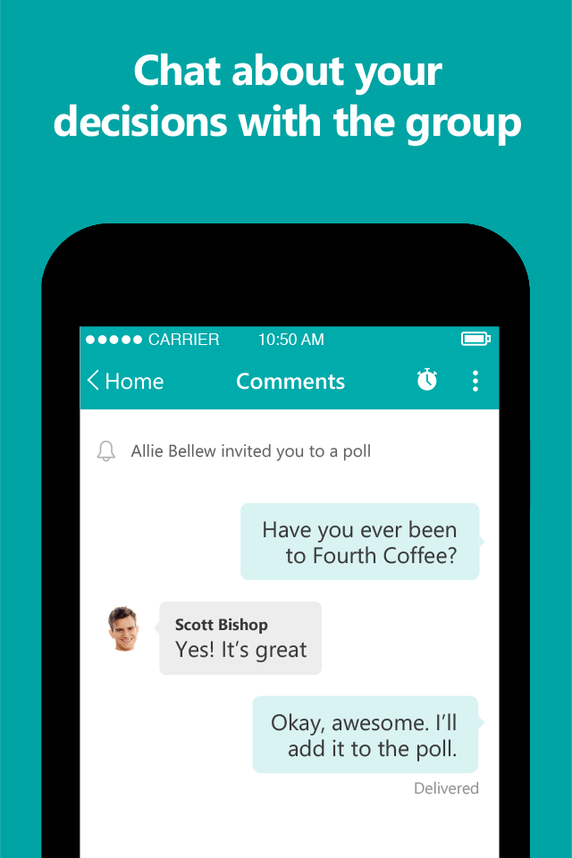 App screenshot with text: Chat about your decisions with the group