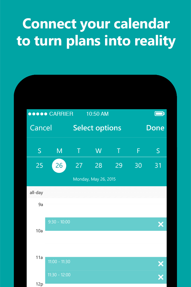 App screenshot with text: Connect your calendar to turn your plans into reality