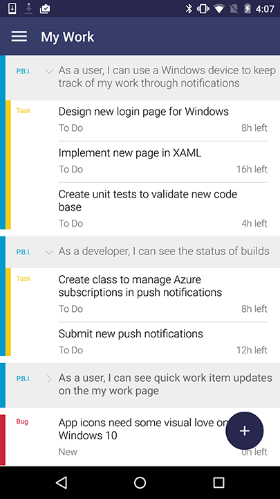 Screenshot of notifications, build, and work item lists with text: My Work.