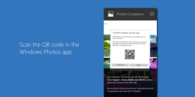 Photos Companion screen 1 Text: Scan the QR code in the Windows Photos app