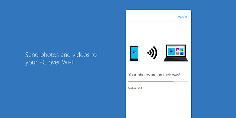 Photos Companion screen 3. Text: Send photos and videos to your PC over Wi-Fi