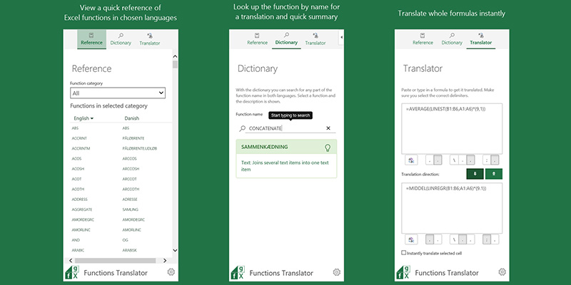 Set of 3 screenshots of Functions Translator, showing excel functions, dictionary, and translator abilities.