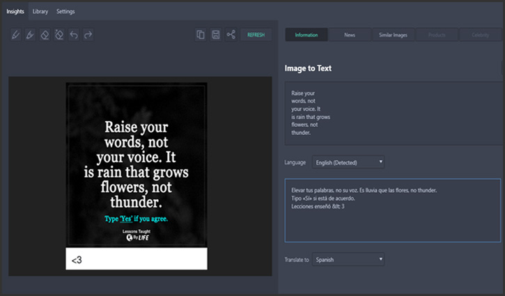 Screenshot depicting Snip Insights pulling text from an picture and translating it from English to Spanish