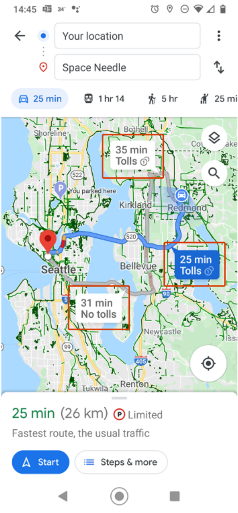 Google Maps shows time and tolls per route.