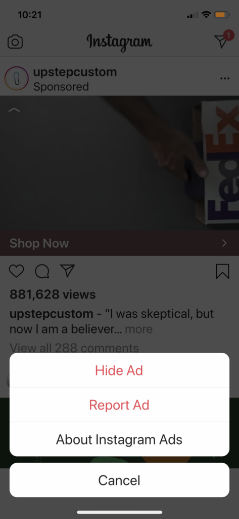 Instagram ad allows user feedback