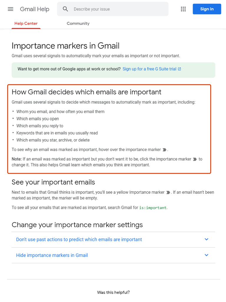 Gmail global explanation of how it determines email importance.