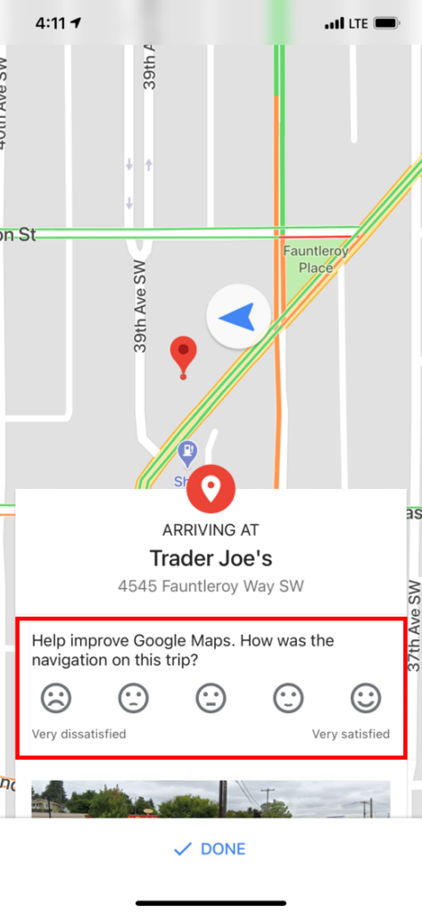 Google Maps prompts the user for feedback.