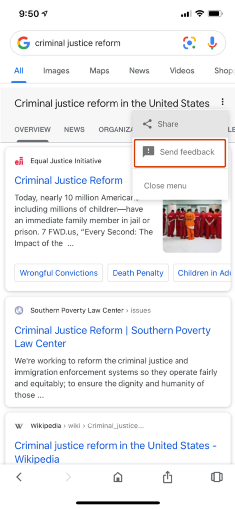 Google Search enables the user to provide feedback.