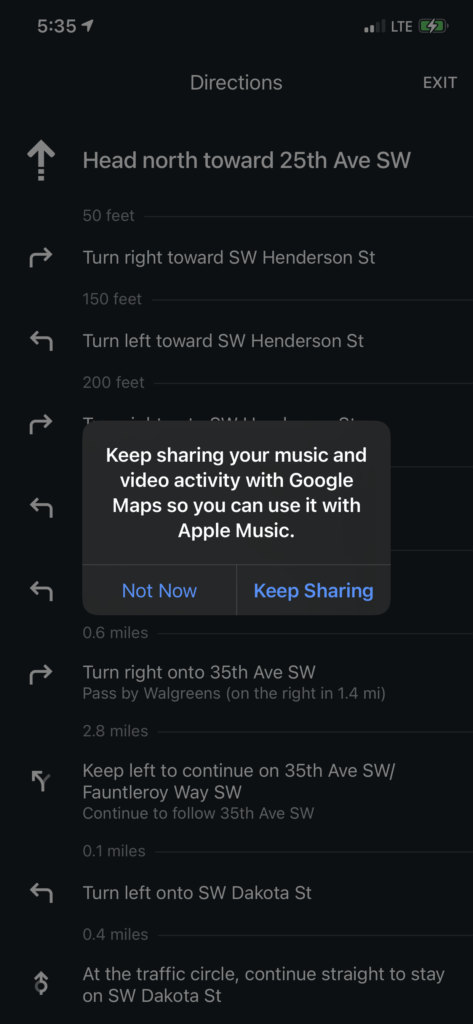 Google Maps reminds the user to reconfirm a previous action.