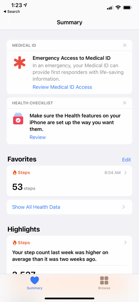 Apple Health reminds the user to revisit their Health settings on iPhone.