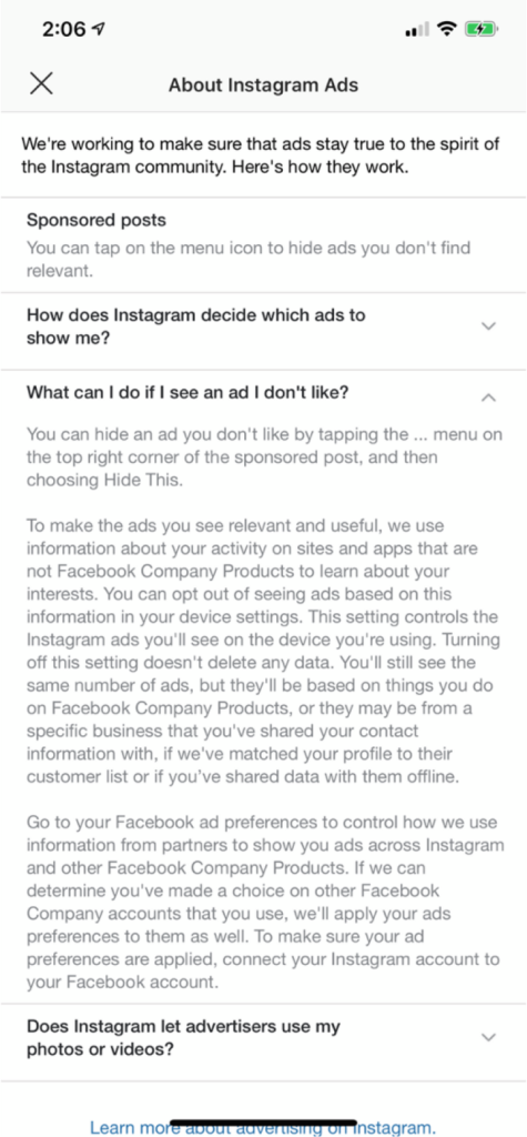 Instagram explains the consequences of user actions.