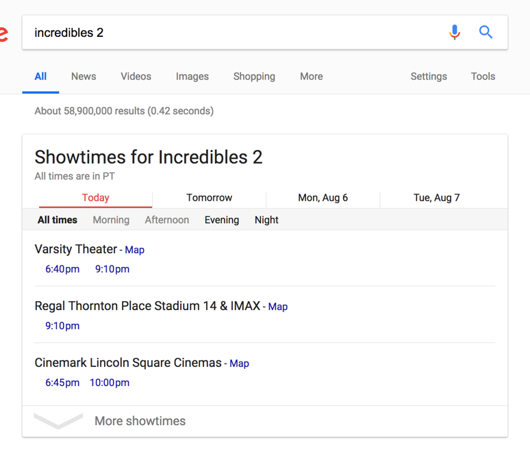 Google Search displaying movie show times.