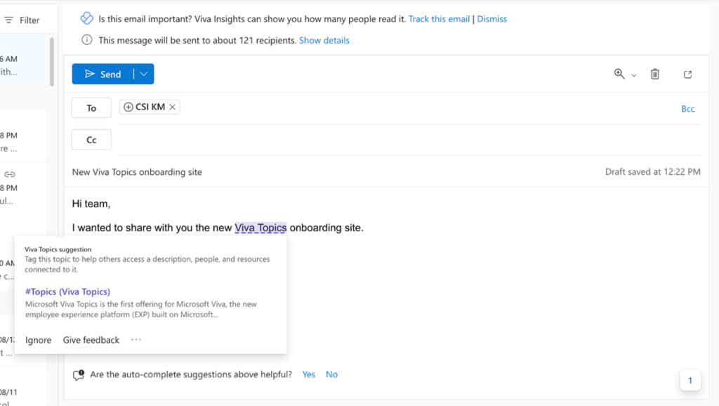 Screenshot of an email reading, "Hi team, I wanted to share with you the new Viva Topics onboarding site." Viva Topics is highlighted and a card appears next to it suggesting that the user tag this topic.