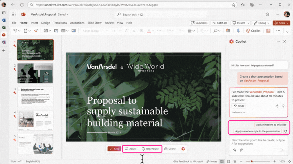 "Proposal to supply sustainable building material" slides in PowerPoint application. Copilot in Powerpoint shows buttons to adjust and regenerate slides. Copilot in PowerPoint also open on the right panel suggesting 2 prompts 1 add animation to this slide and 2 apply a modern style to the presentation.