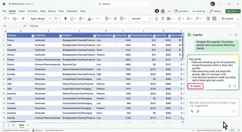 Copilot in Excel summarizes key trends for the user in the form a bulleted list with three items. At the end of the summary, Copilot in Excel provides a button with label text Explain.