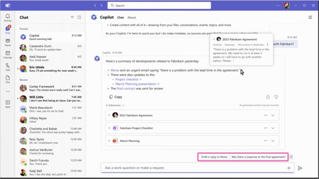 Business chat shows a summary of developments with Fabrikam to the user. At the end of the summary it suggests 2 prompts to the user draft a reply to mona and was there a response to the final agreement.