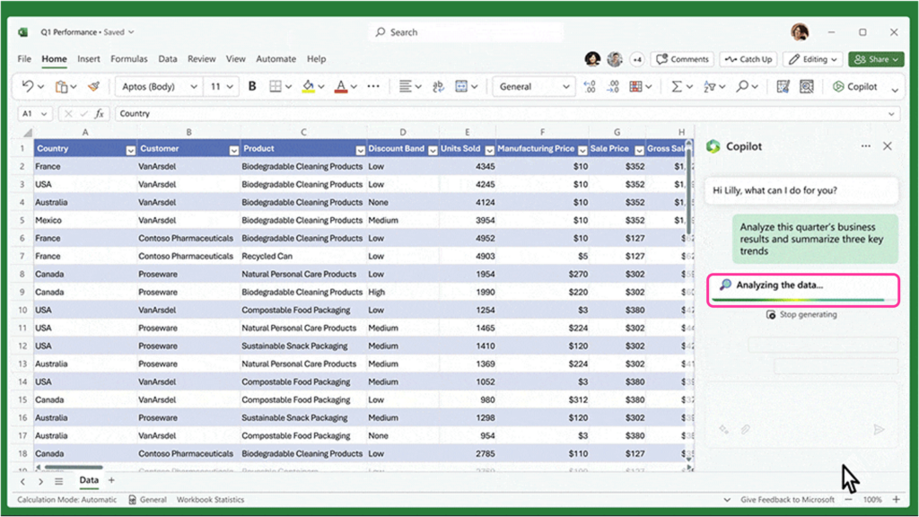 Excel spreadsheet with Copilot in Excel opened in the right panel shows the message "Analyzing the data" on the loading bar. 