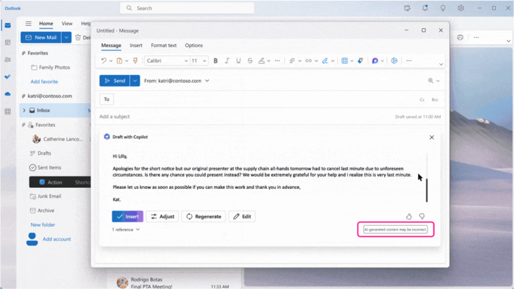 A draft email generated by Copilot in Outlook. At the bottom right corner of the draft email, Copilot in Outlook provides a warning AI generated content may be incorrect. 