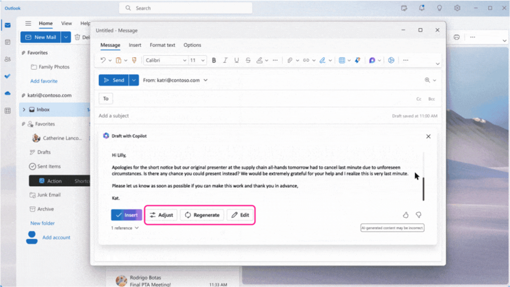 Draft email generated by Copilot in Outlook. Copilot in Outlook providing the user with 4 options insert, adjust, regenerate and edit. 