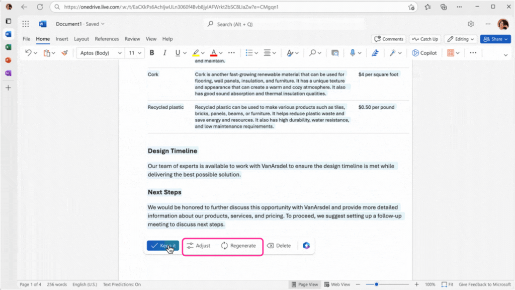 Draft proposal text generated by Copilot in Word highlighted in blue. Copilot in Word providing the user four options keep it, adjust, regenerate, and delete.