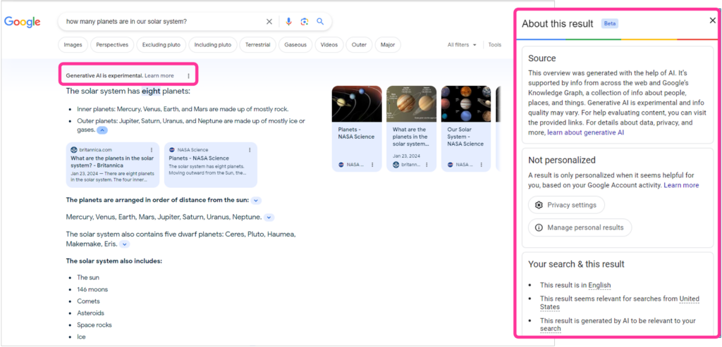 Google's generative AI search mentioning generative AI is experimental and an about this result pane that shows source, personalization and your search and this result information. 