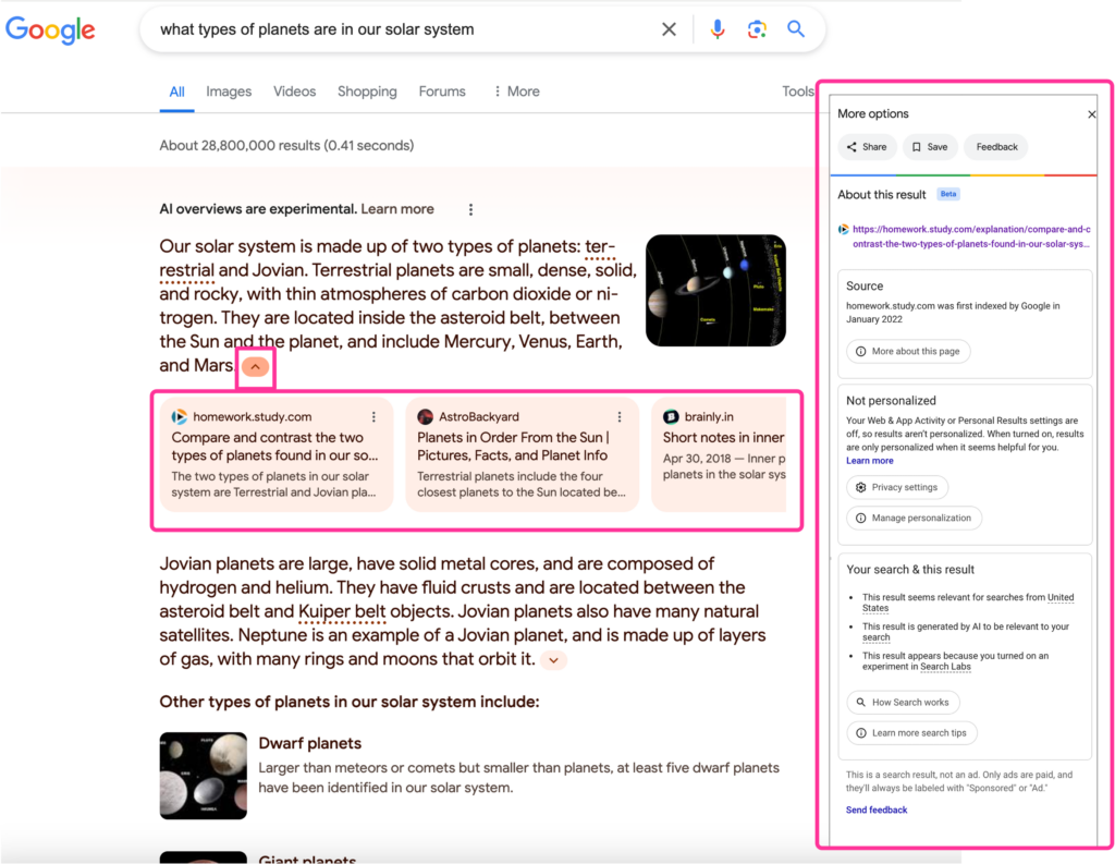 Google’s Search Generative experience showing results for a search query what types of planets are in our solar system. Results include an AI overview with three related sources that appear in cards on clicking the downward arrow. On clicking the vertical ellipses in each source, a more options panel appears that shows the source page’s URL, personalization applied and the relationship between the search and that source.