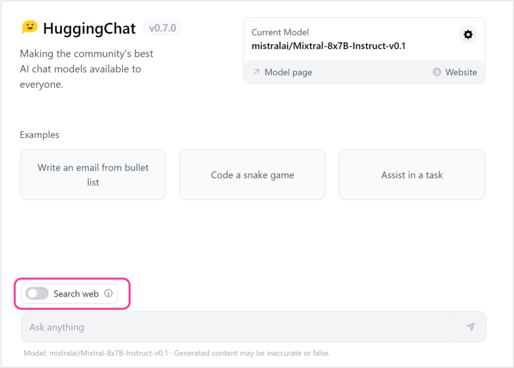 Hugging Chat’s interface showing input examples, prompt box and a switch option for search web.