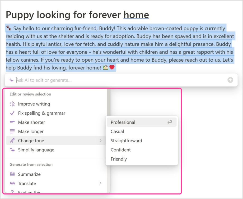 Notion showing a draft note generated by AI along with a related menu to edit or review selected text in the note. Change tone selected and Professional selected from the menu.