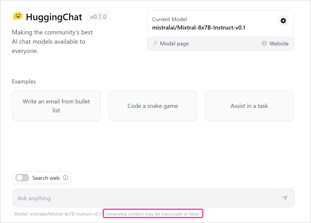 Hugging Chat’s interface showing model selection, suggested example prompts, an input prompt box and a disclaimer “Generated content may be inaccurate or false”. 