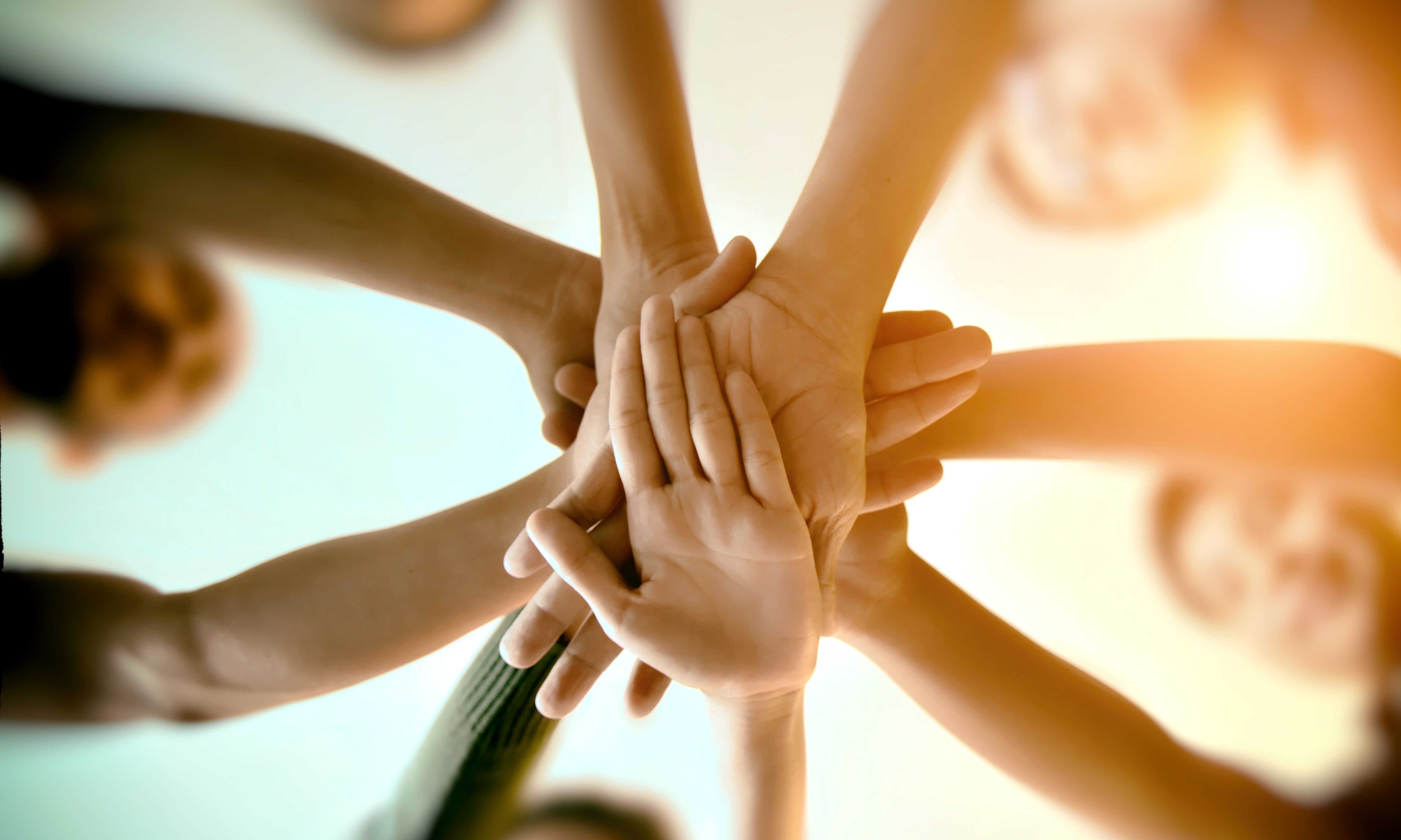 Group of people connecting hands in a show of teamwork