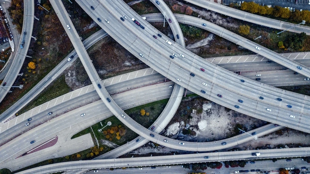 aerial view of freeway overpasses