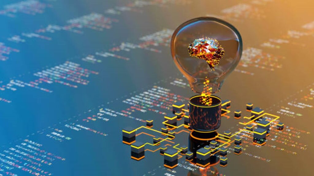 Artificial intelligence digital concept abstract brain inside light bulb