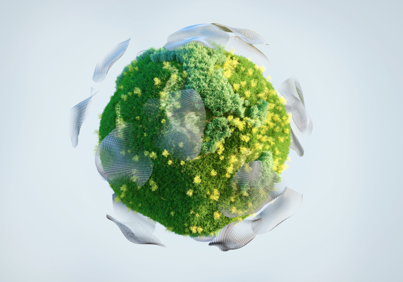 Digital generated image of green sphere made out of grass and water drops flying around sphere on light blue background. Biofuel and sustainability concept.