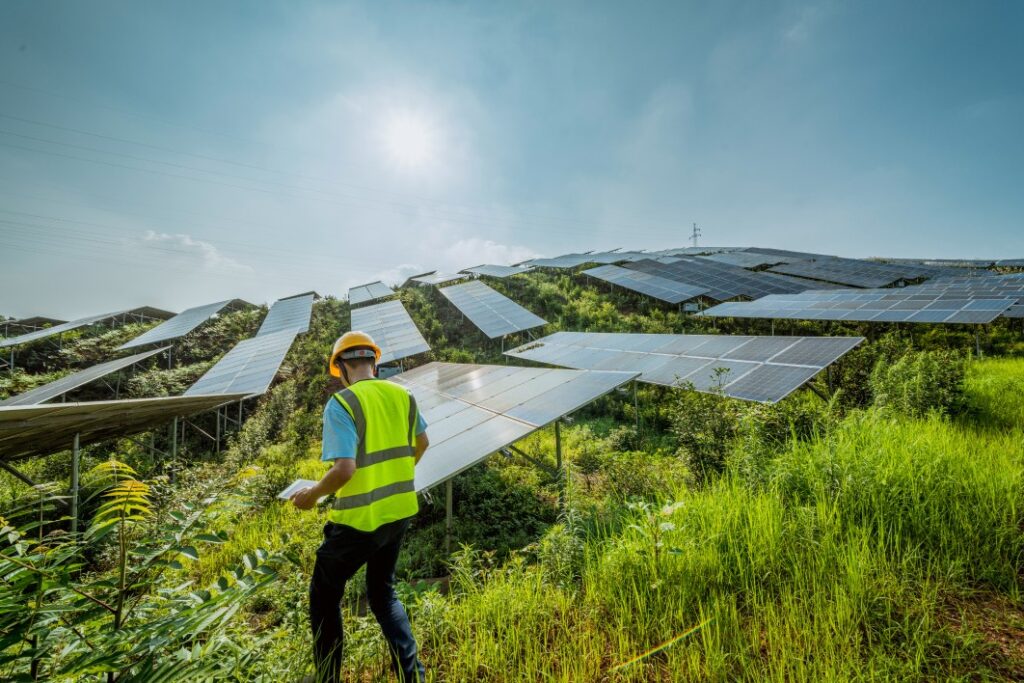 A man wearing a hardhat and carrying a digital tablet, inspects solar panels in a field