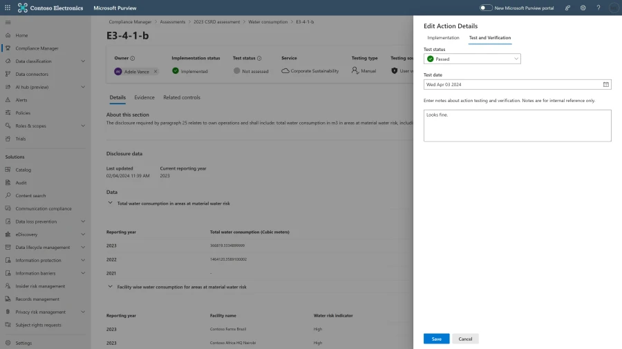 Screenshot illustrating that auditors can review disclosure data and add approval status and comments in Purview Compliance Manager.