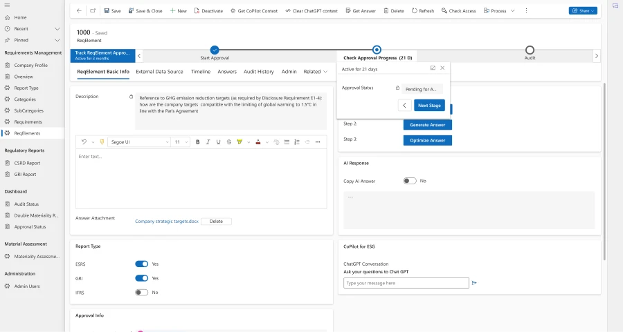 Screen view of Accenture and Avanade’s generative AI-powered solution reflecting the steps through the approval process. Within the screen, users have an option to query CoPilot for ESG as well.
