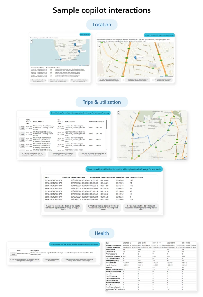 Sample copilot interactions by location, trips and utilization, and health.