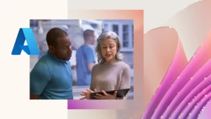 Two people in a healthcare setting look at a tablet together. The image is overlaid with the Azure logo on the top left. The background of the image is a pink and purple graphic design.