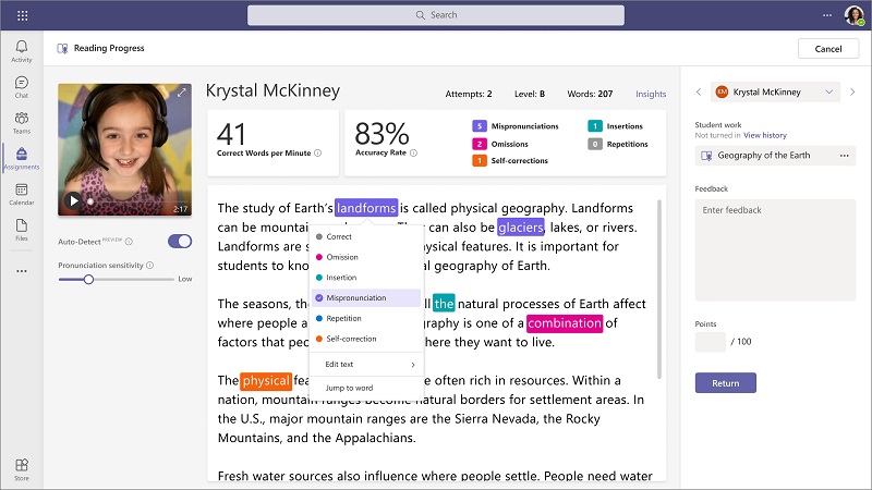 Es ist ein Ausschnitt des Microsoft Teams Tools Reading Progress zu sehen.