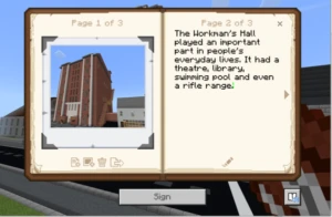 A picture of a Minecraft workbook, with a photo of a building and text talking about a Workman's Hall.