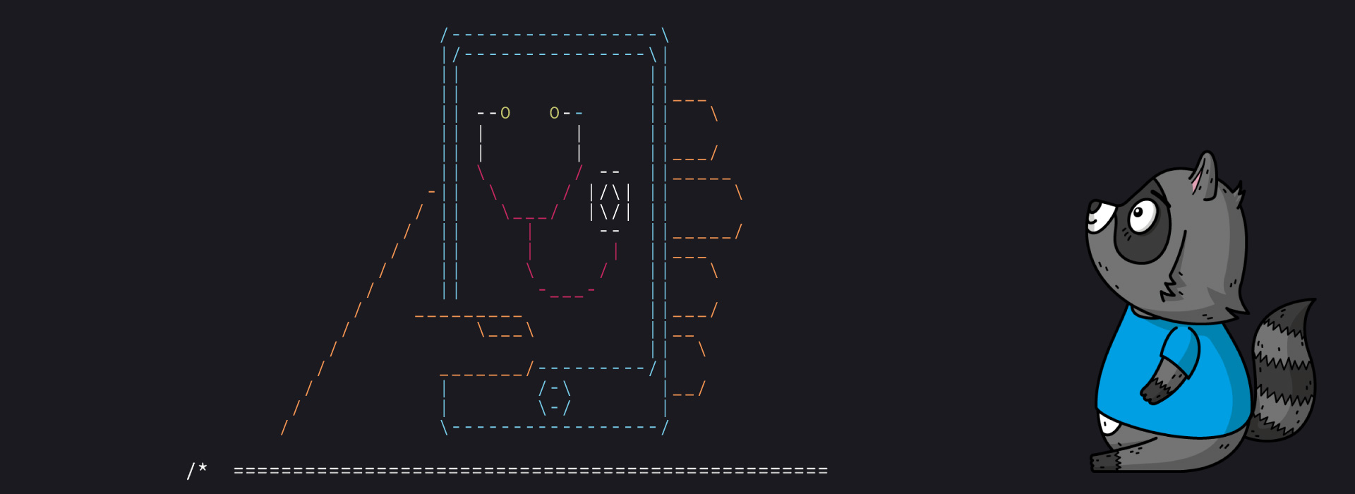 An image of a mobile phone with a stethoscope on screen made with ASCII art, next to an illustration of Bit the Raccoon.
