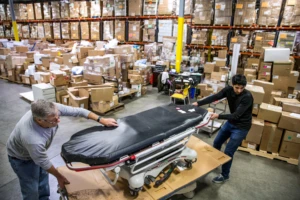 A supply warehouse for humanitarian action. Two men move a patient transport trolley.