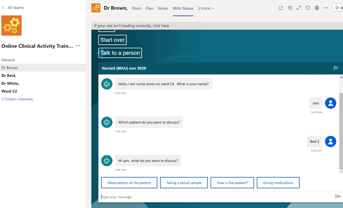 Screenshot of the role specific chatbot at UCLan