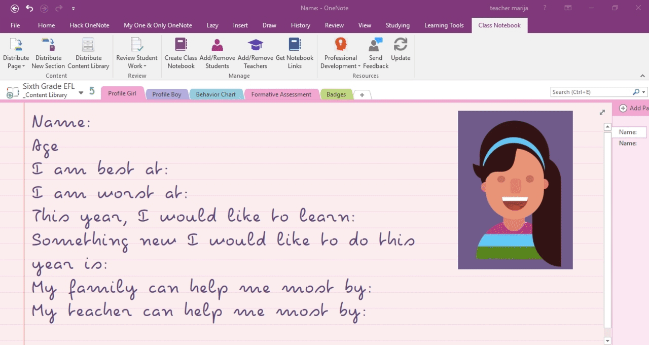 onenote student notebook example