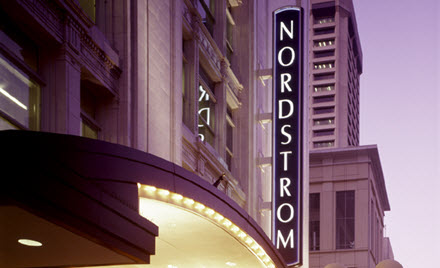 Nordstrom sign as seen from a street in downtown Seattle.