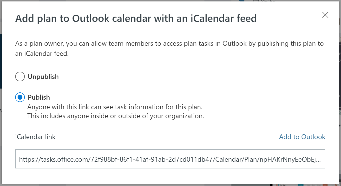 Screenshot displays the iCalendar format feed Publish prompt in Microsoft Planner.