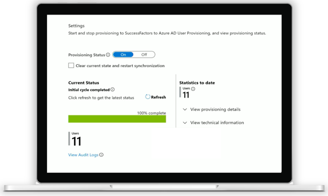 Image of Azure AD's user provisioning service integrated with SAP SuccessFactors and Workday used to check status on a laptop.